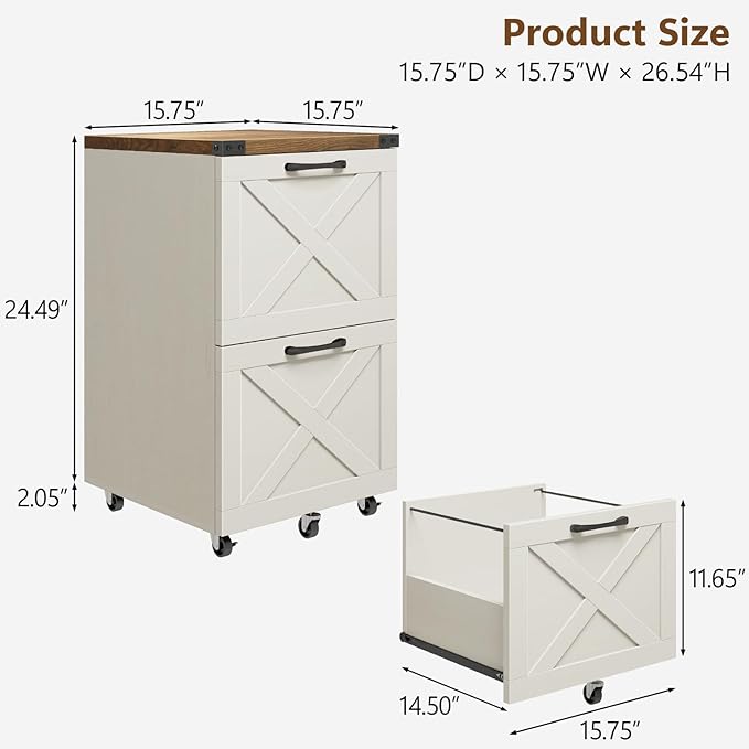 Vabches Farmhouse File Cabinet with 2 Drawers Vertical Filing Cabinet on Wheels for Letter/A4 Size Hanging Files Mobile File Cabinets Printer Stand for Home Office Rustic White