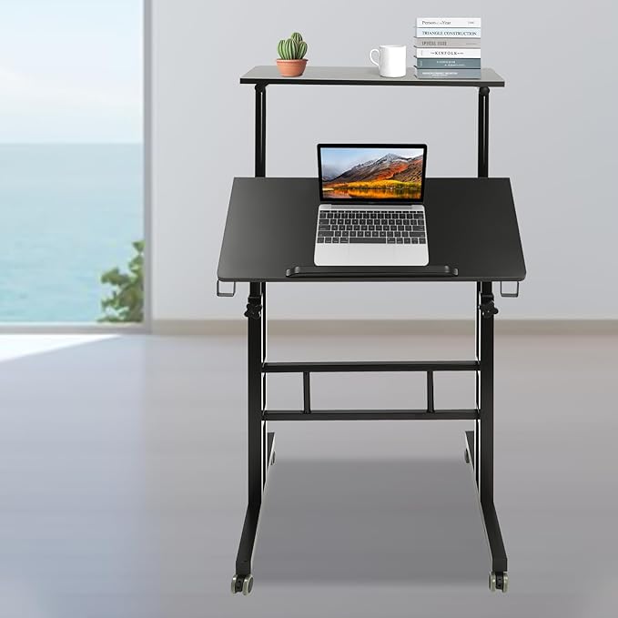 Standing Desk Adjustable Laptop Desk Mobile Stand up Desk with Wheelsfor Standing or Sitting Portable Computer Desk for Home OfficeStudent DormitoriesGame Rooms-Black