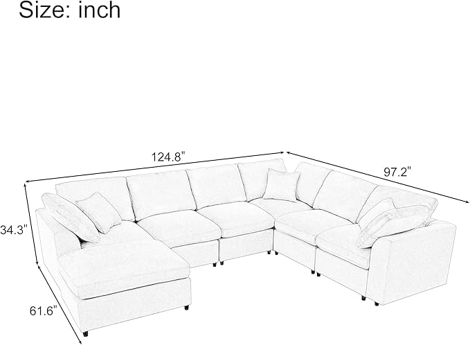 124.8 W Modular Sectional Sofa L Shaped Modern Couch with Ottoman Deep Seat and Wide Chaise for Living Room Gray