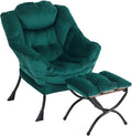Lazy Chair with Ottoman Modern Accent Chairs with Folding Footrest Velvet Dark Green Sofa Chair Set Reading Chairs Oversized Armchairs for Bedroom Study Living Room Courtyard