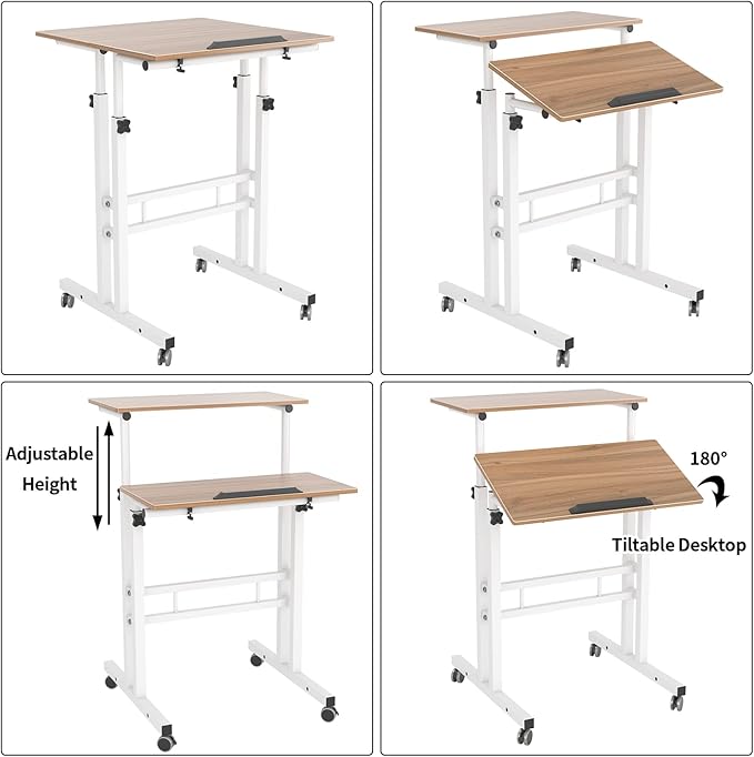 DlandHome Mobile Standing Desk Stand Up Desk Rolling Desk Stand Sit Desk Mobile Computer Desk Adjustable Standing Desk 23.6inches Table Workstation Mobile Desk Cart Tray Oak