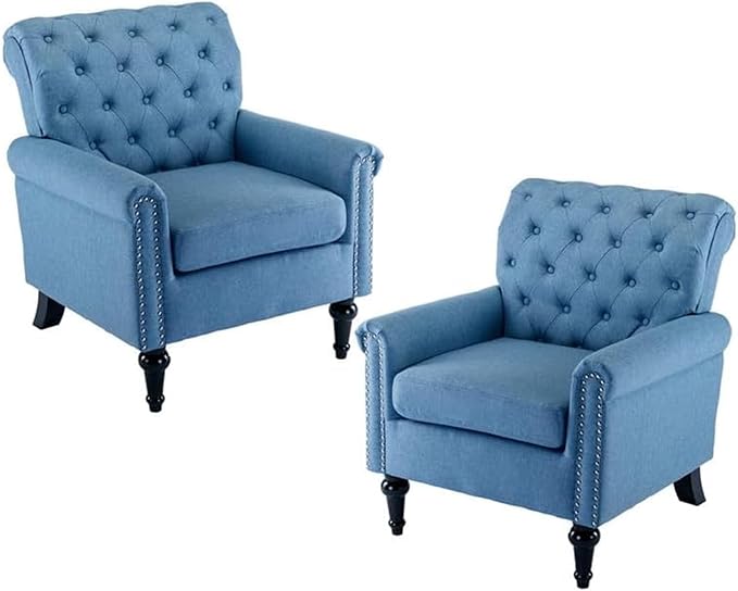 Upholstered Accent ChairsMid Century Armchair Sofa ChairsComfy Living Room ChairButton Tufted Reading Chair for Living Room BedroomStudy (2 Blue)