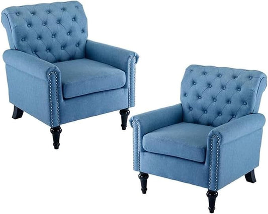 Upholstered Accent ChairsMid Century Armchair Sofa ChairsComfy Living Room ChairButton Tufted Reading Chair for Living Room BedroomStudy (2 Blue)