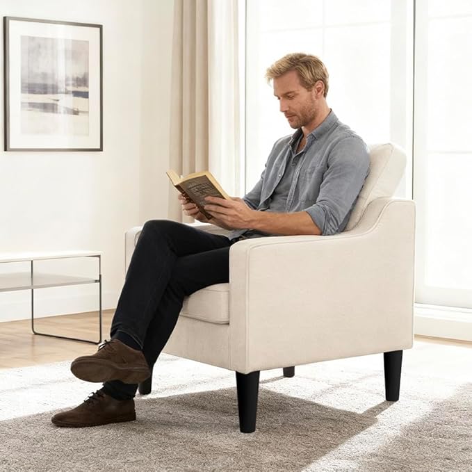 Comfy Accent Chair with 115° Ergonomic Back Support 5.5 Thick Spring Cushion Armchair for Living Room Mid Century Modern Chenille Reading Chair 380lbs Capacity (White)