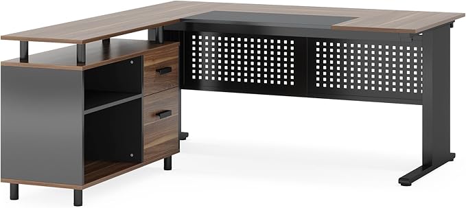 LITTLE TREE Large Computer Desk with File Cabinet 63 Inch L Shaped Executive Office Desk with Drawers and Storage Shelves Business Furniture Workstation for Home Office