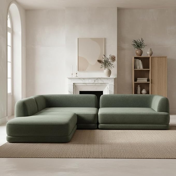 Merax 115 Modern L-Shaped Sectional Sofa with High-Density Fully Compressed Sponge and Chaise Lounge Deep Seating 3-Piece Set Fully Assembled Right Hand Facing for Living Room Lounge Green