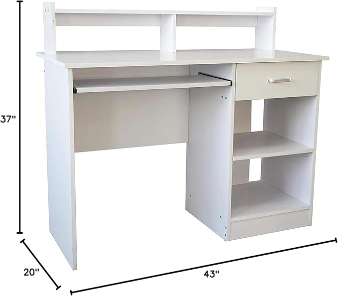Computer Desk with Drawer Shelf Pull-Out Keyboard Tray - 43” Large Storage Home Office Desk - Writing Study Table Workstation for PC Laptop Gaming Working - Modern Wood (43''x37''x20'' 791-White)