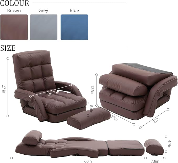 FLOGUOR 14-Position Adjustable Floor Chair Chaise Lounge Indoor Folding Lazy Sofa with Armrests and a Pillow Padded Adults Gaming Chairs for Living Room Bedroom Factory Price8803 (Coffee(PU))