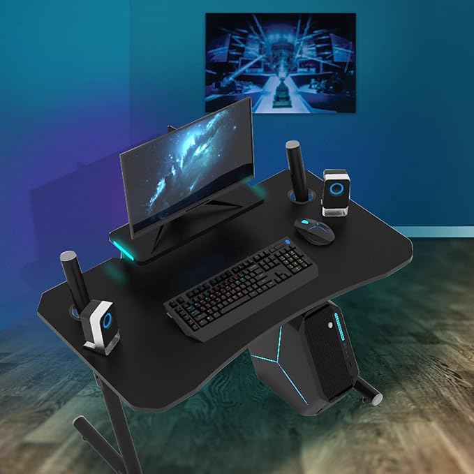 Modern-Depo Computer Gaming Desk with LED Lights Monitor Stand Shelf 41 Inch Adjustable PC Table Workstation Black