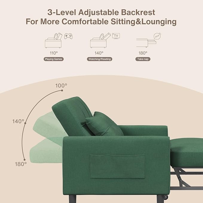 Aiho Convertible Sleeper Chair with Pillow &amp Pocket 3-in-1 Sofa Bed in Modern Linen Fabric for Apartment Green