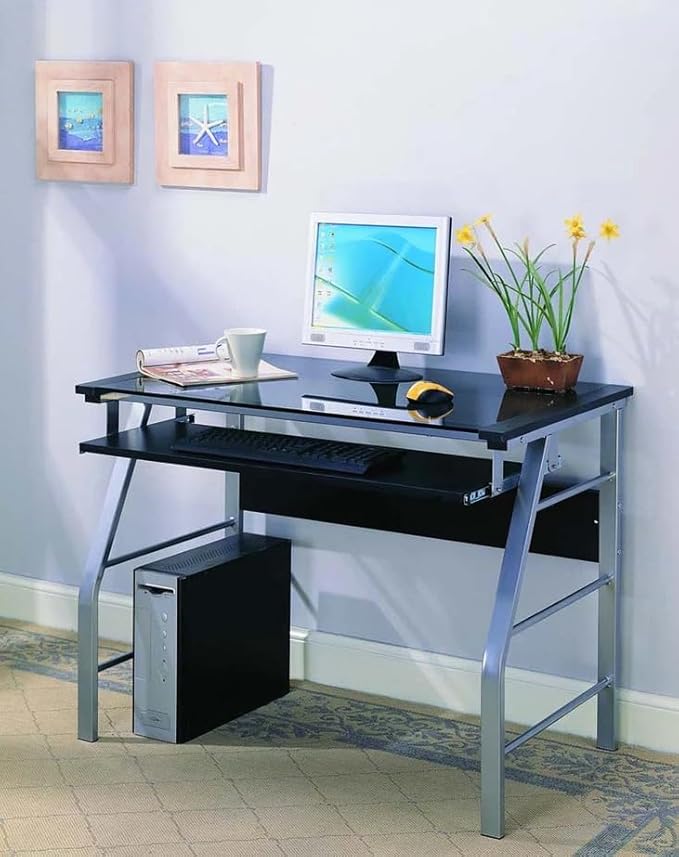 KB Designs - Silver Metal/Clear Glass Home Office Computer Desk