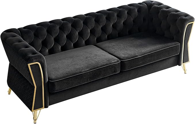 Modern Velvet Couch for Living Room 87.4 Inch Long Tufted Oversized Sofa Decor with Golden Metal Legs (Black)