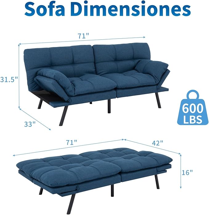 MUUEGM Futon Sofa Bed 71 Convertible Linen Memory Foam Couch Bed Modern Backrests Armrests Love Seat for Living RoomApartmentOfficeBlue Sleeper Couch