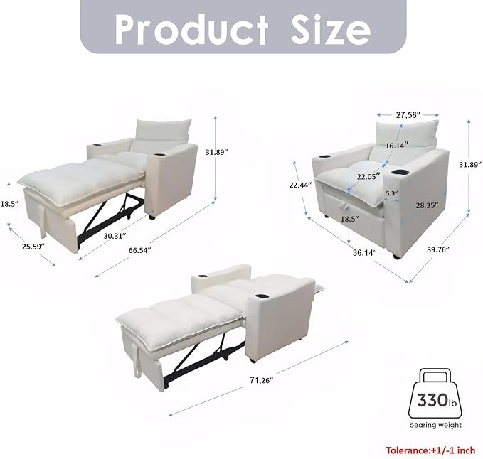 3 in1 Convertible Sleeper Sofa Chair Modern Pull Out Couch Bed Single Chair Bed with Adjustable Back Velvet Folding Compact Recliner for Living Room Bedroom Apartment Small Spaces﻿(Beige)