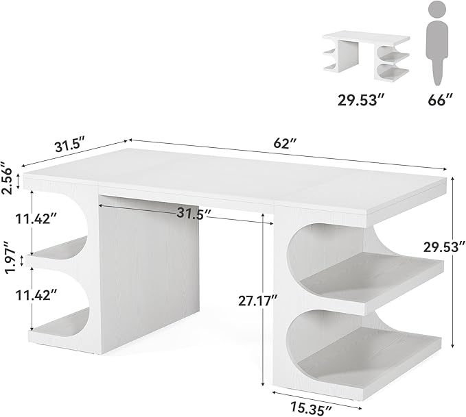 LITTLE TREE 62.2-Inch Executive Desk Modern Home Office Desks Office Table with Storage Shelves for Workspace Large Computer Desk Long Contemporary Writing Desk White