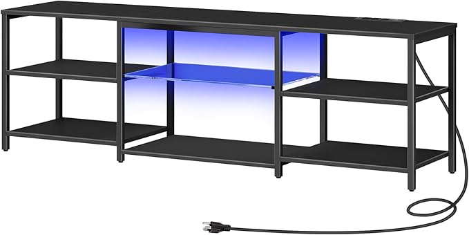 HOOBRO LED TV Stand for 75 Inch TVs with Charging Station Gaming Entertainment Center with 3-Tier Open Storage Long 63” Media TV Console Table TV Stand for Living Room Bedroom Black BB21UDDS01