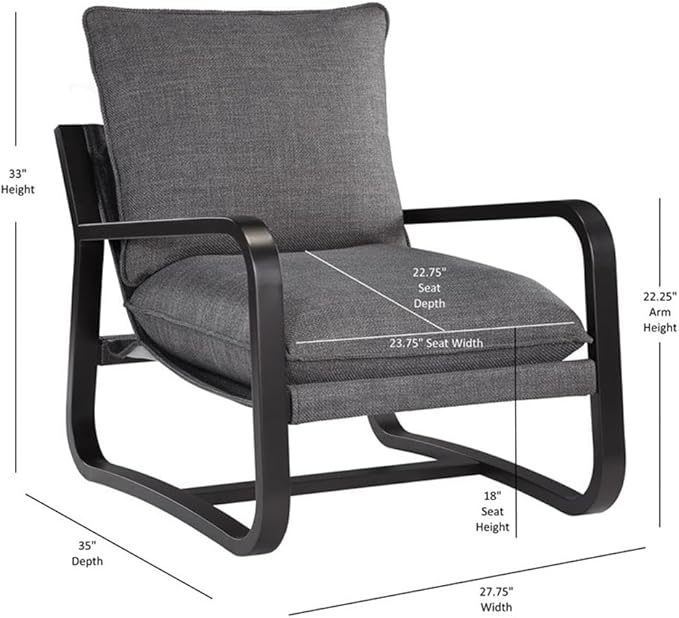 Pemberly Row Sling Chair Charcoal Gray Polyester Fabric Bronze Metal Frame 27.75 W x 35 D x 33 H Reversible Detachable Cushions Comfortable Modern Accent Chair for Living Room or Reading Nook