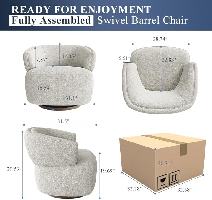 RoyalCraft Swivel Accent Chair Fully Assembled Round Barrel Chairs Oversized Upholstered Armchair with 360-Degree Base Modern Club Chair for Living Room Bedroom Office Griege