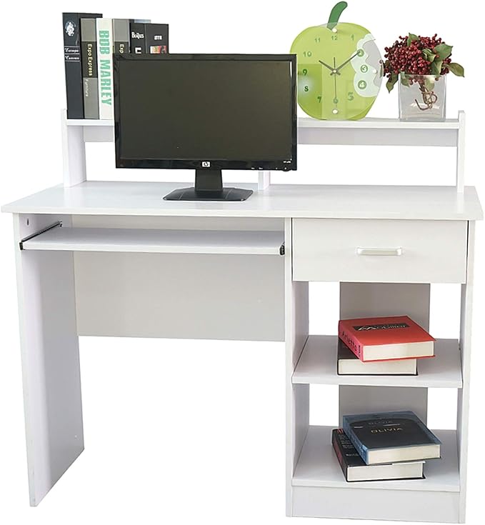 Computer Home Office Desk43 Inch Desk Study Writing Table with Storage Shelves Drawer and Keyboard StandGeneral Style Modern E1 15MM Chipboard Computer Desk (White)