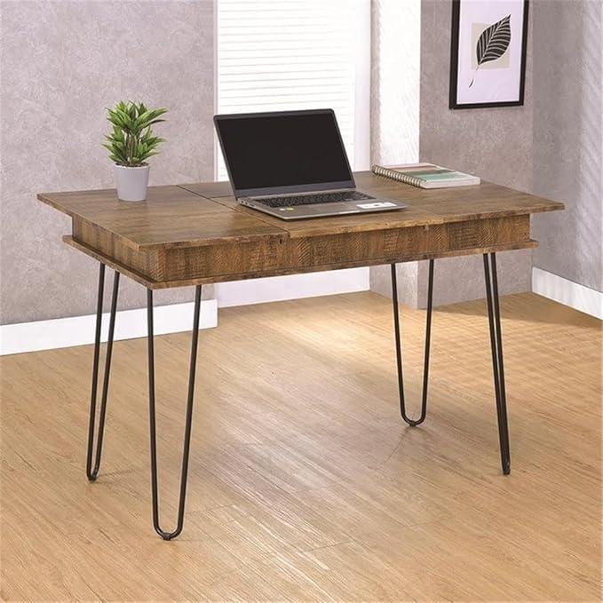 Stonecroft Cabrini Storage Writing Desk 47.25 in Wide Rustic Amber and Black Finish MDF and Metal Construction Built-in Power Outlet 4 Storage Compartments Mid-Century Modern Office Desk
