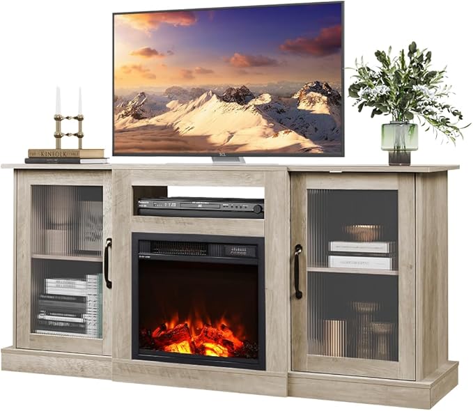 WLIVE Fireplace TV Stand for 65 TV Entertainment Center with 18 Inch Electric Fireplace TV Console with Open Shelves for Living Room and Bedroom Greige