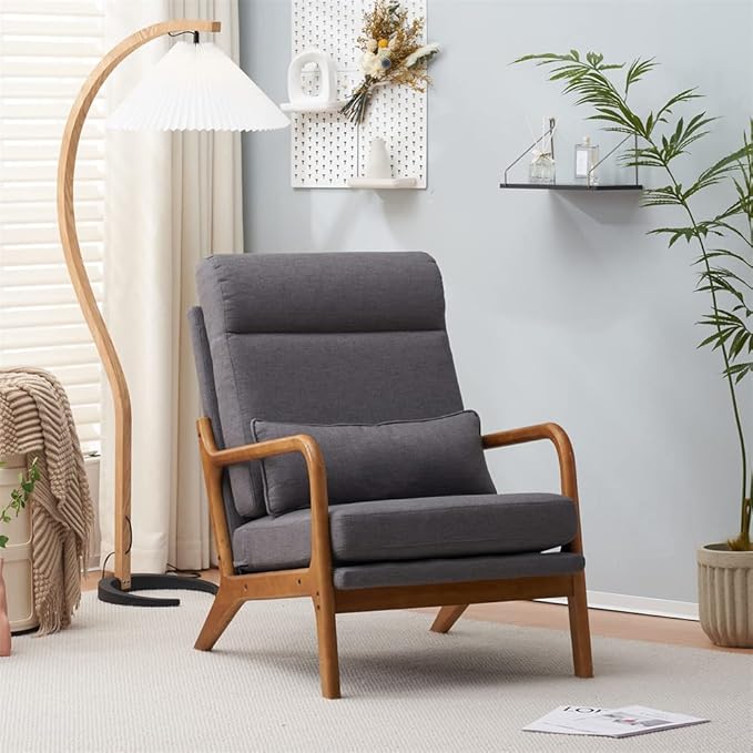 Accent Chair Modern Linen Upholstered Armchair Lounge Chair with Solid Wood Frame and 1 Pillow Comfy Single Sofa Chair Leisure Reading Chair with High Back &amp Armrest for Living Room Bedroom Dark G