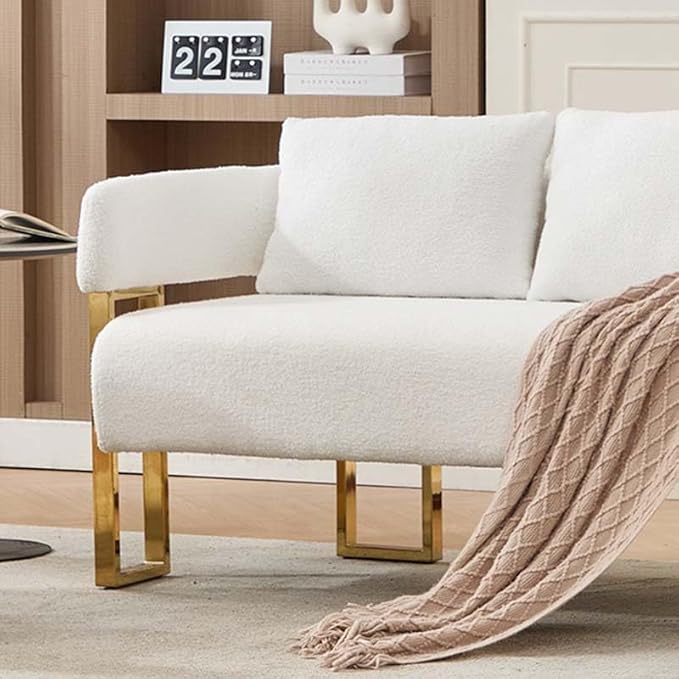 Teddy Fabric Accent Chair Modern Side Chair with Gold Metal Legs 51 Inch Wide Upholstered Loveseat for Living Room Dressing Area Office (White+Gold)