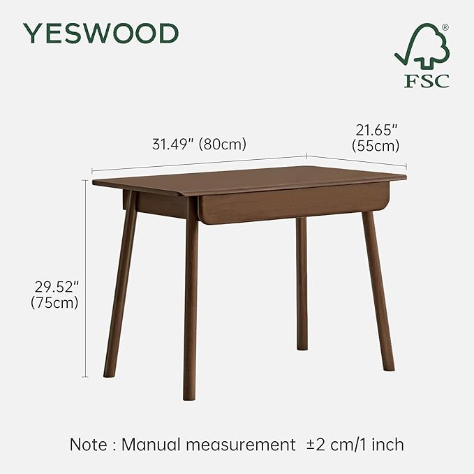YESWOOD 100% Solid Wood Desk with Drawers Walnut Color Office Desk Mid Century Modern Writing Desk for Study Bedroom Living Room 41.33 W