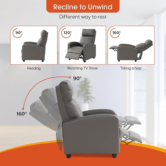 Recliner Chair for Living Room Recliner Sofa Wingback Chair Single Sofa Accent Chair Arm Chair Home Theater Seating Modern Reclining Easy LoungeGrey