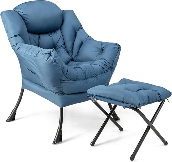 GOFLAME Lazy Chair with Ottoman Modern Large Accent Chair with Folding Footrest Head Pillow Armrests and Side Storage Pocket Upholstered Reading Chair for Living Room Bedroom Office Navy