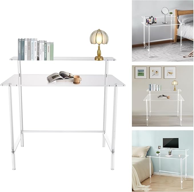 Clear Acrylic 2 Tier Freestanding Desk Clear Desk w/31.5x19.69in Desktop 34.65in Height 88lbs Load Capacity Modern Rectangular Computer/Writing Desk for Home &amp Office