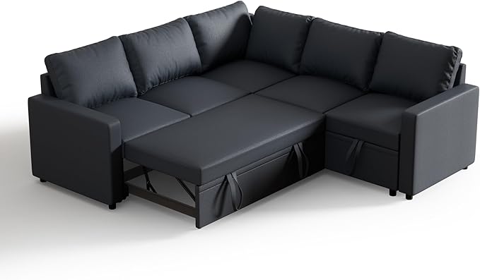FONTOI Sleeper Sofa Bed Modular Sectional Couch with Pull Out Bed L Shaped Sectional Convertible SofaBed with Storage Seat for Living Room Apartment Bedroom Office Dark Gray Linen