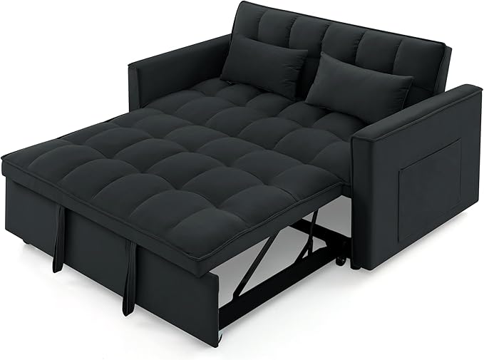 KEIKI 54.33 Pull-Out Sofa Couch Bed 2 in 1 Convertible Velvet Sleeper Sofa with Adjustable Back for Apartment Living Room Black