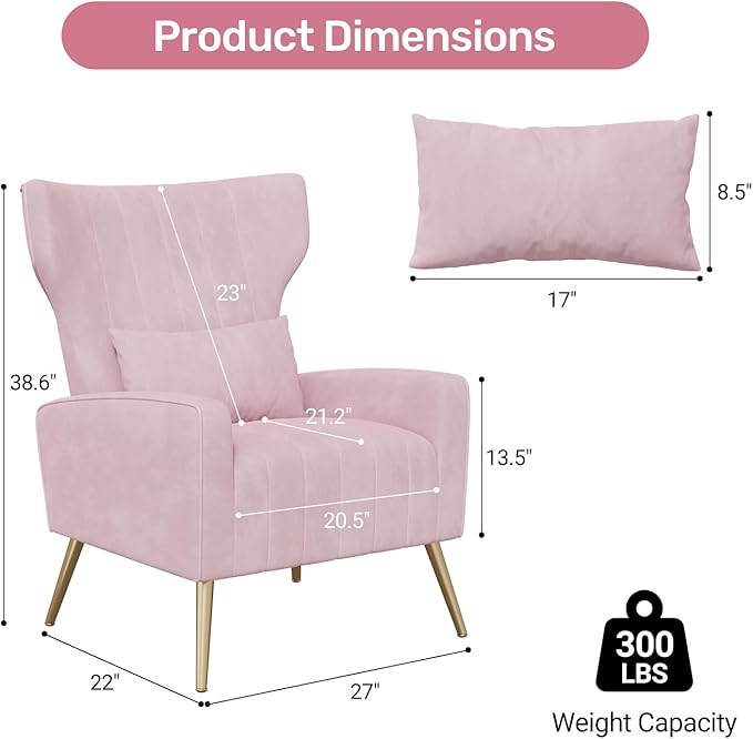 Velvet Accent Chair Set of 2Wingback for Living Room High Back Arm Chair with Golden Legs Lumbar Pillow Upholstered Single Sofa Bedroom Pink
