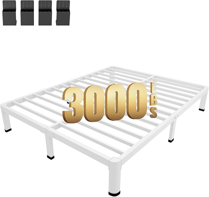 MAF 7 Inch King Metal Platform Bed Frame White with Round Corner Legs Mattress Slide Stopper 3000 LBS Heavy Duty Steel Slats Support Noise Free No Box Spring Needed Easy Assembly