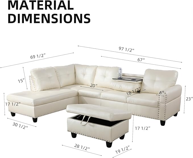 L Shaped Sectional Couch with Storage Ottoman Modern Nailhead Comfy Lounge Sofa with Reversible Cup Holder &amp Chaise 97 4 Seat Modular Sofá for Living Room Apartment Amaranth