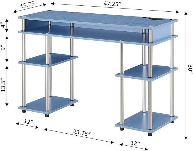 Convenience Concepts Designs2Go No Tools Student Desk with Charging Station and Shelves Blue