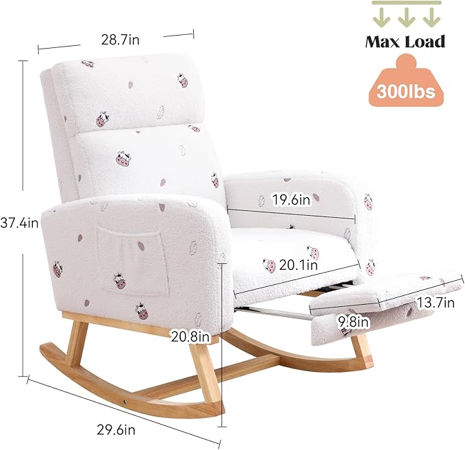 Rocking Chair Nursery with Foot Rest Nursing Rocking Chairs for Mom Breastfeeding Teddy Rocker Glider Chair with High Backrest for Living Room Bedroom Cow Printed White