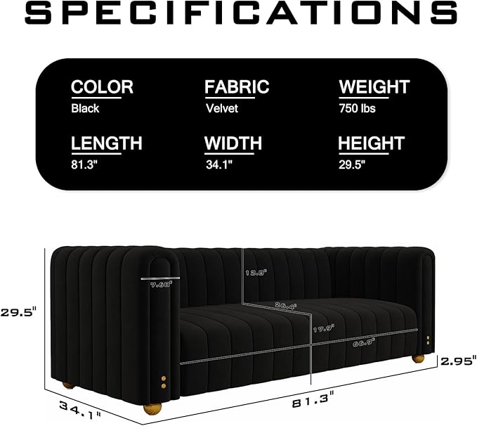 81 Black Velvet Couch for Living Room Large Modern Sofa Comfy Tufted Sofas Chesterfield Couches with Round Handrails and Metal Ball Legs Office Apartment Furniture