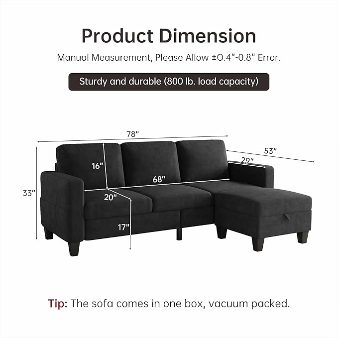 Youmumeub Sectional Couches for Living Room - Convertible Sofa and Storage Bench79''Modern Corner ConfigurationSuitable for Living Room Apartment Bedroom and Office-Black | Reversible Chaise Wash