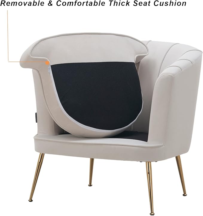 Artechworks Modern Velvet Barrel Chair Accent Armchair with Golden Legs for Living Room Bedroom Home Office Channel Tufted Back Club Chair Beige White Cream