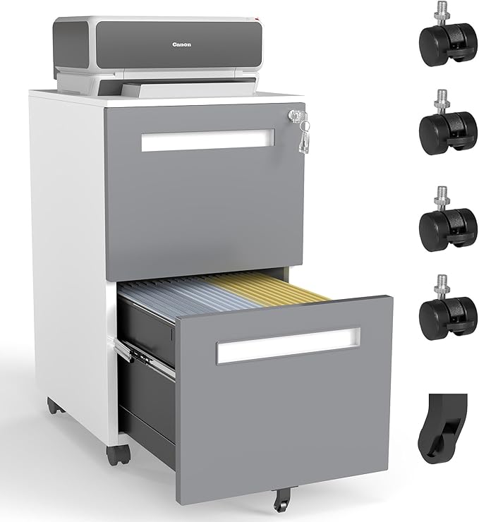 Metal 3 Drawer File Cabinet with Lock on Wheels Locking Filing Cabinet with Key for Home Office Rolling Filing Cabinets with Wheels All-Steel Metal 110 LBS Capacity (2 drawer Gray + White)