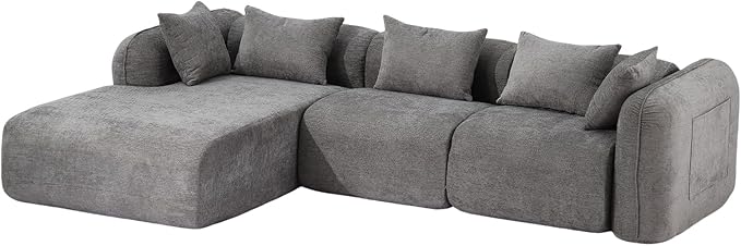 117’’ Chenille Fabric Boneless Couches for Living RoomModular Sectional Cloud Sofa |Fluffy Chenille Deep Seat No-Assembly Memory Foam Comfy Cloud Couch with L-Shaped Chaise (Grey)