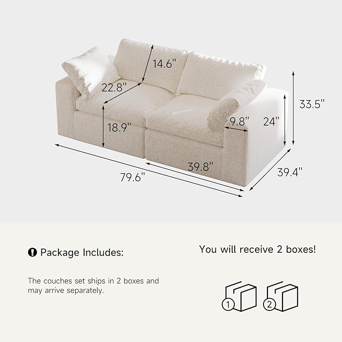 Loveseat Cloud Couch for Living Room 2-Seater Boneless Couch Sofa with Washable Cushion Cover for Small Space No Assembly Required White (2-Seat)