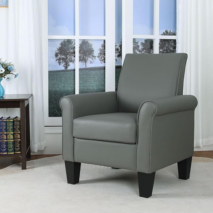 Lohoms Mid-Century Modern Accent Chair Overstuffed Leather Chairs for Living RoomUpholstered Comfy Club Chair Fake Faux Leather Armchair for Bedroom Apartment Office Lounge PU Leather Grey