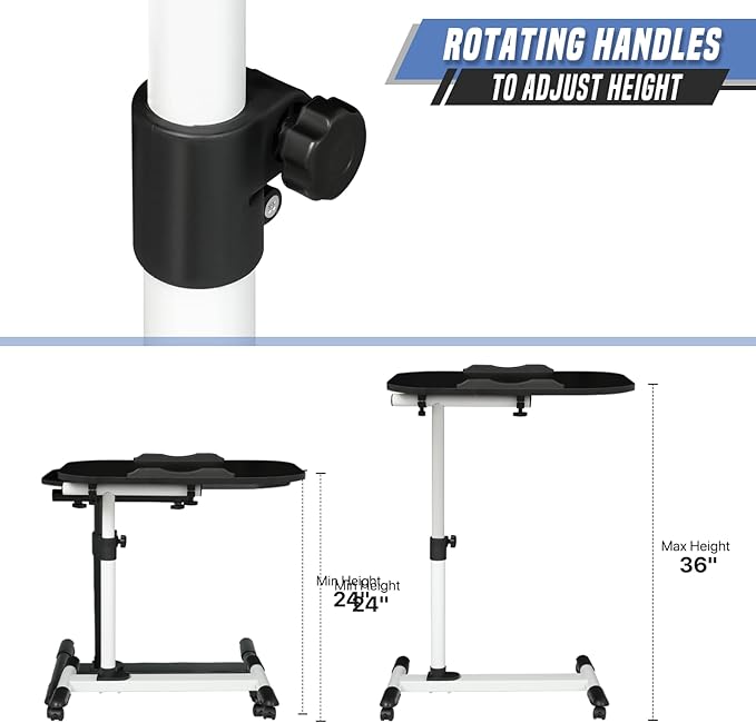 Mobile Standing Desk Adjustable Height Computer Desk with 360° Rolling Casters Tilting Overbed Table for Home Office and School White