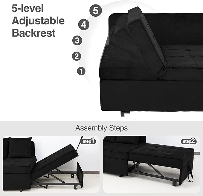 Sofa Bed 4-in-1 Convertible pull out Couch Velvet Love seat Couch Sleeper Chair Bed with 2 Throw Pillow Single Recliner with 5 Adjustable Backrests for Living Room Apartment Small Space Black