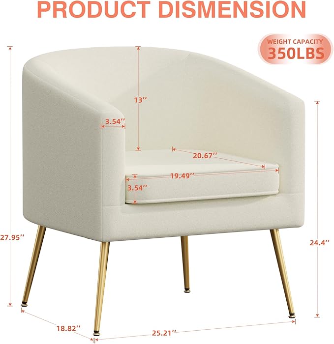 Velvet Accent Chair Modern Barrel Armchair with Gold Legs Upholstered Club Chairs for Living Room/Bedroom/Guest Reception White