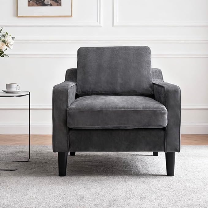 Accent Chair for Living Room Mid-Century Armchairs for Small Spaces Chenille Upholstered Comfy Reading Armchair with Studded for Bedroom (Grey-A)