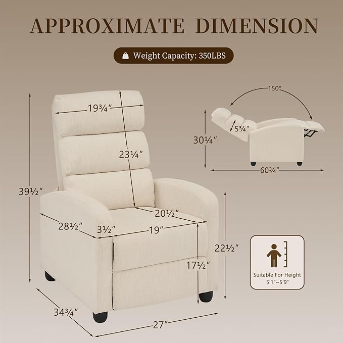 Furnimart 2-Piece Manual Recliner Chair for Small Spaces Chenille Reclining Chair with Chunky Cushion Comfortable Single Sofa for Adults Ideal for Living Room Bedroom Home Theater Beige